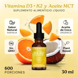 SEREMONY - Vitamina D3  K2 Con MCT Oil Aceite de Coco Orgnico Liposomal 600 porciones 30 ml Lquido en Gotas Suplementos Alimenticios Sin Azcar Sabor  