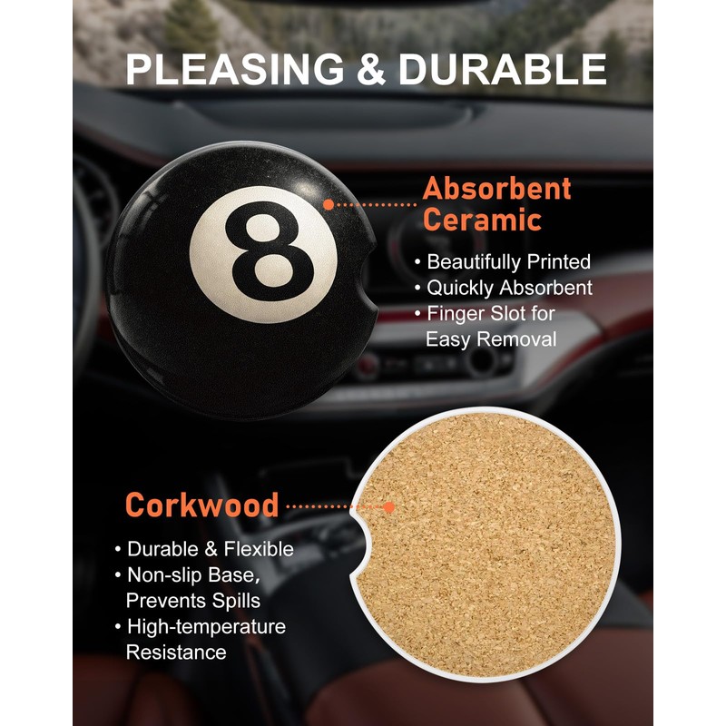 Swooflia Car Coasters for Men - Billiard 8-Ball Ceramic Car