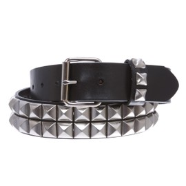 1 1/2" Snap On Two Row Punk Rock Star Silver Studded Solid Leather Belt, Black | 36"