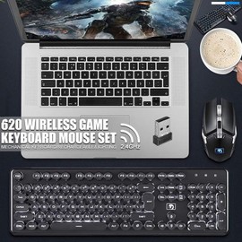 Charging Keyboard Mouse, Backlit Gaming Mice and Keyboard Combo Wireless 2.4G USB Drive Free, 12 Multimedia Keys, Ergonomic Anti-ghosting, Retro Punk Round Keycaps for Office Gaming Use (Black-White)