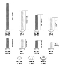 740 Piece Hex Screws Nuts Set, M4 Screws Set, Stainless Steel Threaded Screws Set, Machine Screws Assortment Set, Bicycle Screws and Nuts Set with Washers for Car Furniture (M4)