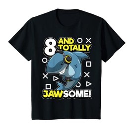 Kids 8th Birthday Gamer Shark Funny "eight & Totally Jawsome" Pun T-Shirt