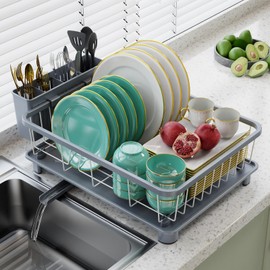 Hiviweer Dish Drying Rack - Space-Saving Dish Rack,Dish Racks for Kitchen Counter with Drainboard, Rustproof Dish Drainer with a Large 4-Compartment Utensil Holder,Gray