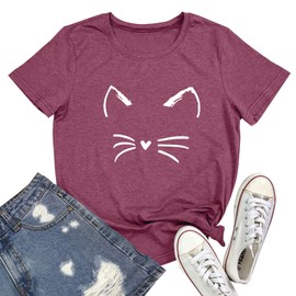 BLACKOO Women Cat Graphic Tee Cute T-Shirts Wine Red XX-Large