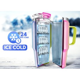 Meoky - Vaso de 32 onzas con asa, vaso aislado con tapa y popote, taza de viaje de acero inoxidable, 100% a prueba de fugas, mantiene el frío durante 24 horas o caliente durante 8 horas, cabe en el