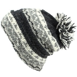 LOUDelephant Wool Knit Beanie Bobble Hat Handmade Fleece Lined Winter Warm Nepalese Fair Trade Unisex Grey
