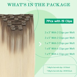 SURNEL Real Hair Clip-In Hair Extensions, Ombre, Ash Brown Faded to Platinum Blonde, Remy Clip-In Extensions, Real Hair, 14 Inches / 35 cm, 7 Pieces, 140 g, Double Wefts (7C#8T60-14 Inches)