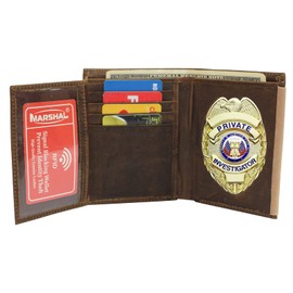 Swiss Marshall RFID Blocking Vintage Leather Badge Holder Bifold Trifold Wallet (Brown)