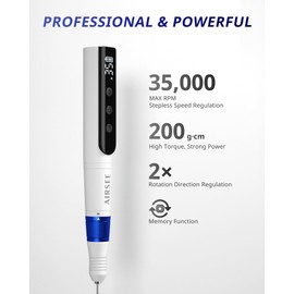 AIRSEE Master Cordless Electric Nail Drill Machine, 35000 RPM Stepless Speed, Professional Rechargeable Nail File Set with LED Display, Portable E-File Dremel Kit for Salon,Blue