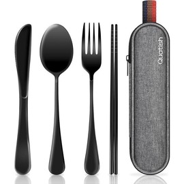 Travel Utensils with Case, Portable Silverware Set for Work, Stainless Steel Reusable Travel Cutlery Set, Fork and Spoon Set for Camping, Picnic, Gadgets, Lunch Box for Men, Black - Color: Black