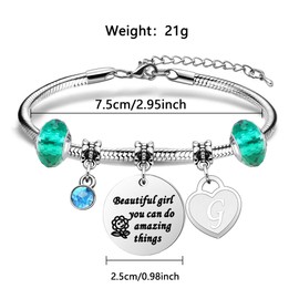 Inspirational Bracelet Jewellery Gift For Girls,Silver Heart Pendant 26 Initial Letter A-Z Bracelet For Daughter Sisters Friends "Beautiful girl you can do amazing things" (G)