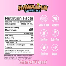Hawaiian Shaved Ice Pink Bubble Gum Syrup - Nut Soy Dairy Free - Flavor Fluffy & Crunchy Snow Cones - Shelf Stable - Makes 8 Servings - 16 ounces
