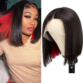 Lovenea Red Highlight Lace Front Wig Human Hair 13x6x1 Lace Front Human Hair Bob Wig 12 inch 150% Density Ombre Short Straight Bob Lace Frontal Wigs Peekaboo Wig Human Hair (12 Inch, Red)