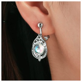 Cimenexe Bohemian Moonstone Earrings Vintage Moonstone Clip Earrings Silver Birthstone Drop Earrings Retro without Stud Earrings Jewellery for Women and Girls Gifts