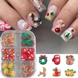 Christmas Nail Charms for Nail Art, LPOODDNU 3D Christmas Charms for Nails, 6Grids Cute Elk Bell Glove Christmas Nail Rhinestones for Acrylic Nails, Christmas Nail Art Supplies Nail Gems for Women