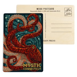 Mystic, Connecticut, Octopus Mosaic (4x6 Birch Wood Postcards, 2-Pack Stationary, Rustic Home Wall Decor)