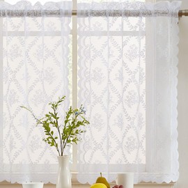 HLC.ME Isabella Floral Rod Pocket Lace Semi Sheer Voile Short Cafe Tiers for Small Windows - 28 x 24 Inch Length (White Tiers, Set of 2)