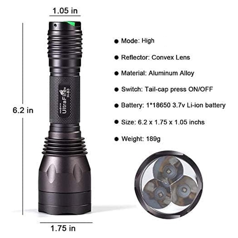ULTRAFIRE Blue Light Flashlight Hunting Torch 256 Yard 470 nm