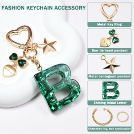 Cute Keychain initial Letter Butterfly Star Pink Purple Bling Gift for Women Girls Bag Cup Charms Accessories (B-green)