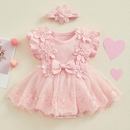 Baby Girl Lace Tulle Romper Tutu Dress Ruffle Sleeve Flowers Bodysuit Summer Overall Princess Party Dress with Headband 2Pcs Outfit (A-Pink, 6-12 Months)