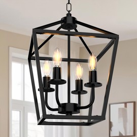 Phaosio Farmhouse Lantern Chandelier 4-Light, Industrial Black Ceiling Light Fixture with Rustic Open Cage and Adjustable Hanging Height, E12 Base for Kitchen Island, Dining Room, Entryway, Foyer
