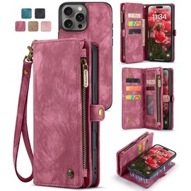 SWP Wallet Case Compatible with iPhone16 ProMax, Case w/Magnetic Detachable Cover [8 Card Slots] Clutch Wallet w/Wristlets Money Pocket (Red, 16 ProMax)