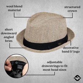 Funky Junque Fedora Hats for Men Premium Wool Women Structured Black Bowler Pork Pie Short Brim Vintage Trilby Stetson, Brown Herringbone, Large