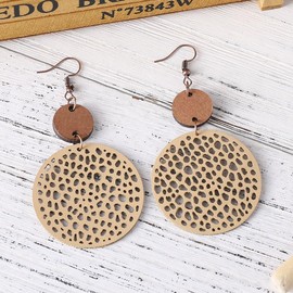 Retro Leather Round Geometric Earrings Hollow Circle Earrings Statement Lightweight for Women Jewelry Gift -Khaki
