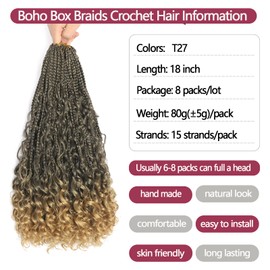 T27 Boho Box Braids Crochet Hair 18 Inch Ombre Goddess Box Braids Crochet Hair 8 Packs 3X Bohemian Crochet Box Braids with Curly Ends Pre-looped Synthetic Curly Crochet Hair for Black Women