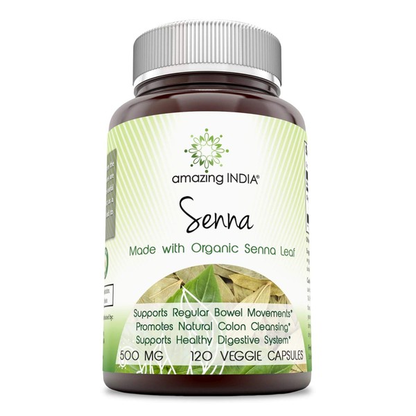 Amazing India Senna (Made with Organic Senna) 500 mg 120 Veggie Capsules (Non-GMO,Gluten Free) - Raw, Vegan-Plant-Based Nutrition–Promotes Regularity,Digestive Health,Detoxification