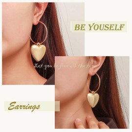 Yienate Boho Large Heart Drop Earrings Vintage Gold Love Heart Dangle Earrings Punk Statement Open Large Hoop Heart Earrings Wedding Prom 3D Heart Drop Earrings Jewellery for Women and Girls, Zinc, No