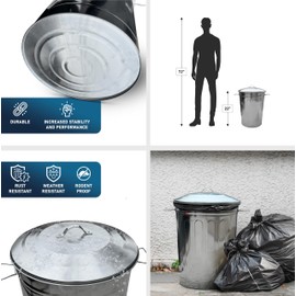 Plexon 2 Pack 13-Gallon Galvanized Steel Round Trash Can with Lid Plus (200 Pack) 13 Gallon Trash Bags, 12-16 Gallon White Kitchen Bags, 1.5 Mil, Heavy Duty, Fits Round and Square Trash Cans - Bundle