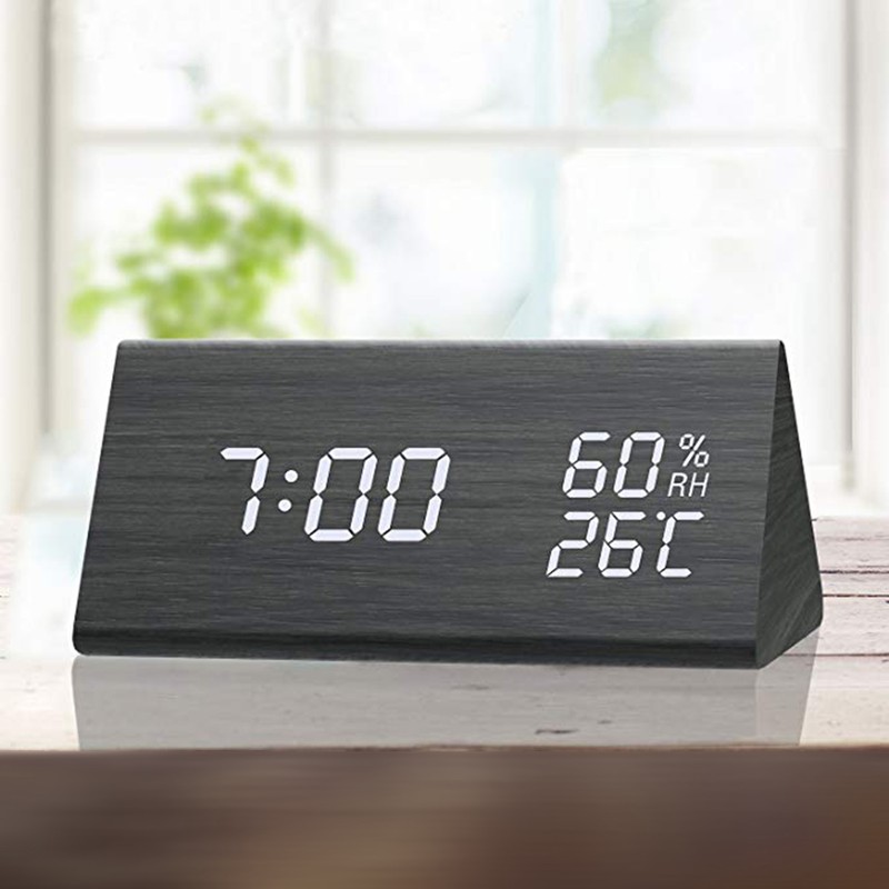 Digital Clock Wooden Electronic LED Time Display Temperature and Humidity