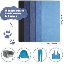 15 Sheets Iron-On Mending Fabric 4.92 x 11 Inch Iron On Clothes Patches Iron On Repair Kit for Mending Fix Couch Pants Pockets Holes Knees Elbow (Black, Dark Blue, Blue, Sky Blue, Light Blue)