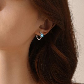 Raymard 925 Sterling Silver Hoop Earrings for Women, 5x5MM Square Cut Birthstone Huggie Earrings, 18K White Gold Plated Jewelry for Women-Created Aquamarine