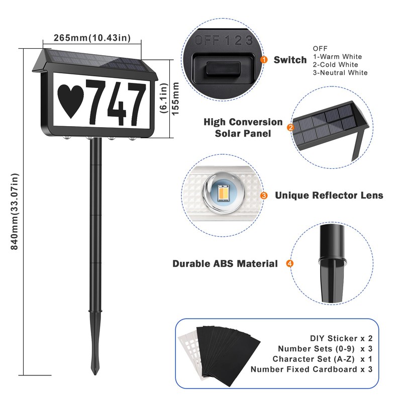 Brightever Solar Address Signs, House Number for Outside Waterproof, 3-Color