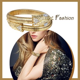 Flongo Gold Snake Bangle Bracelet: Ladies Cuff Serpent Wrap Rhinestones Grass Vintage Punk Girls Slightly Adjustable Snakes Bracelets