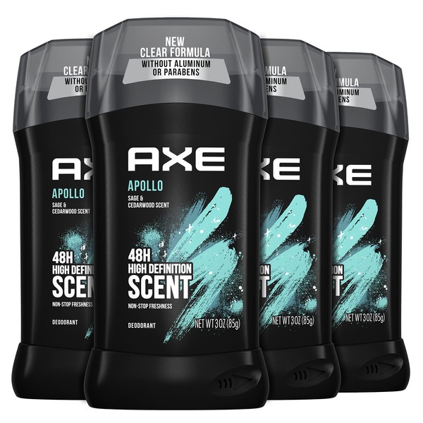 AXE Apollo Deodorant Stick For Long Lasting Odor Protection, Sage And Cedarwood Men's Deo, Aluminum Free 3oz 4 Count