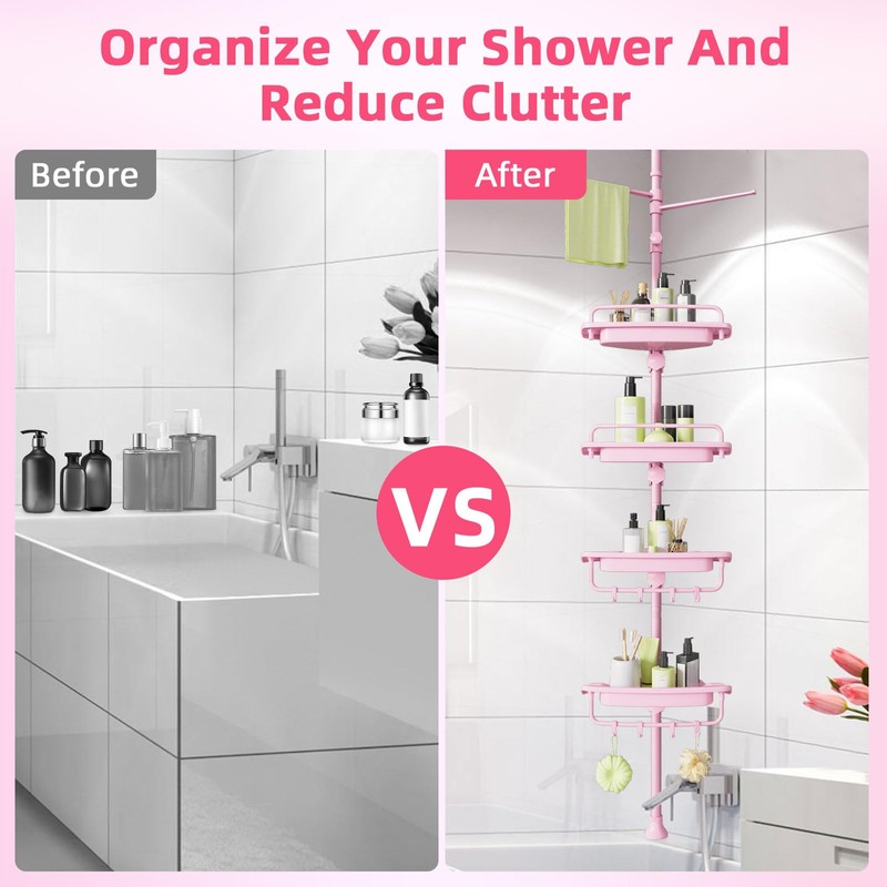 XLHOMO 32-122inch Corner Shower Caddy Tension Pole Pink, Rustproof Drill-Free