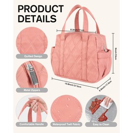 Quilted Puffer Lunch Bag for Women, Insulated Lunch Tote with Foil Lining, Leak-Resistant Reusable Lunch Cooler Bag, Roomy Soft Lunch Box for Work, School, Picnic and Travel (Dark Pink)