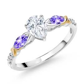 Gem Stone King 925 Silver 10K Yellow Gold Pear Shape White Moissanite Blue Tanzanite and White Lab Grown Diamond Engagement Ring For Women (1.02 Cttw, Available in Size 5,6,7,8,9)