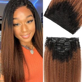 Yuniffe Kinky Straight Clip in Hair Extensions Real Human Hair Ombre Clip in Hair Exntensions Natural Black Fading to Medium Auburn Kinky Straight Clip ins for Women Double Weft 7Pcs 120g 16 Inch