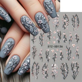 Flower Nail Stickers Fall Nail Decals 2PCS 5D Self-Adhesive Floral Sticker for Nails Embossed Plant Nail Art Supplies Flower Nail Decorations for Nail Art Charms DIY Autumn Slider Manicure Accessories