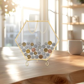 Bgzdxhxyr Gold Glass Frame for Coin Display, Hanging Coin Collecting Holders, Currency Dollar Bill Collection Supplies Holders for Collectors, Double Glass Piggy Bank (S)