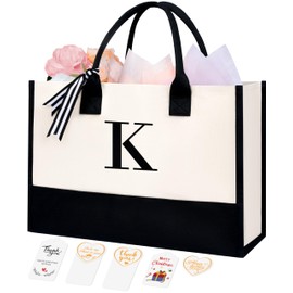 BAGAIL Initial Canvas Tote Bag, Monogrammed Gifts for Women, Beach Bag for Families, Friends, Teachers, Wedding, Birthday(Letter K)