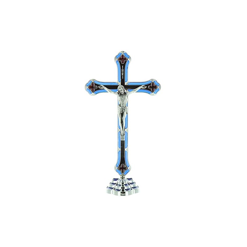 Catholic Gift Shop Silver Standing Metal Crucifix with Blue &