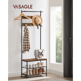 VASAGLE Hall Tree with Bench and Shoe Storage, Entryway Bench with Coat Rack Stand and Shoe Rack, 9 Movable Hooks, Top Bar, Fabric Shelves, Industrial, Rustic Brown and Black UHSR411B01