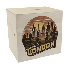 Trip to London London Cityscape Wooden Money Box Retro Design with England Landmarks such as Big Ben Tower