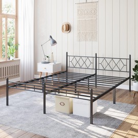 KinshionRoyal 14 Inch King Size Bed Frame No Box Spring Needed,Metal Platform with Headboard and Footboard,Heavy Duty Slats Support Easy Assemble Noise Free(Black and Rhombus)