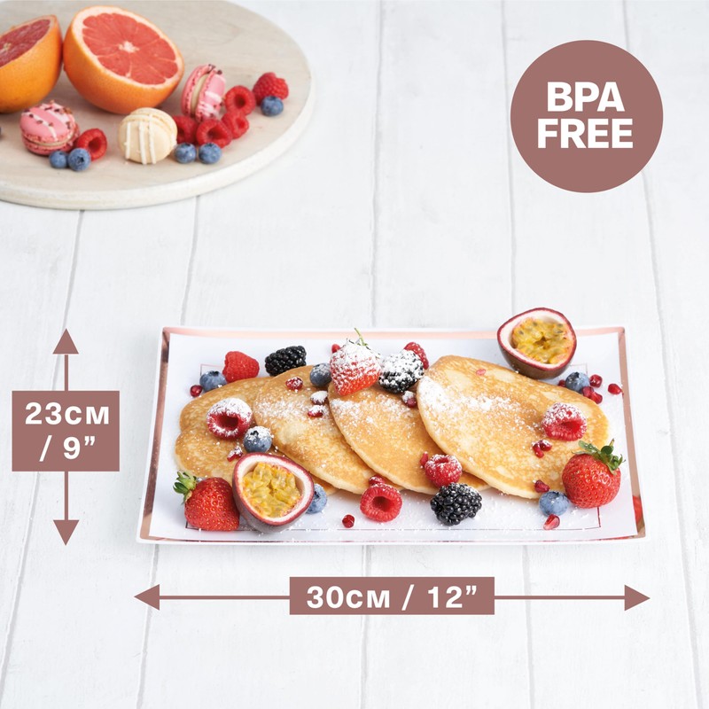 MATANA 12 White Plastic Serving Platters with Rose Gold Border,